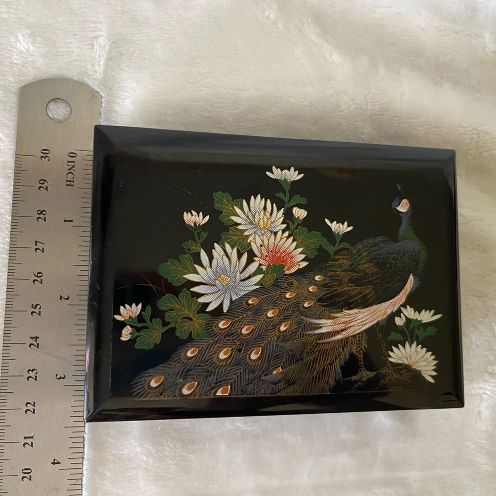 Vintage Black Lacquered Peacock Floral Mini Travel Tissue Box with Mirror
